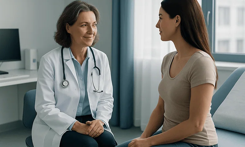 Can Body Contouring Be Done in One Operation? How Surgeons Sequence Multiple Stages Safely 4 Doctor consulting with a patient in a medical office setting.