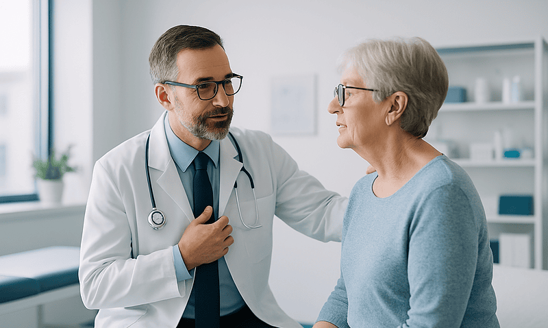 Doctor consulting with an elderly female patient in a medical office.
