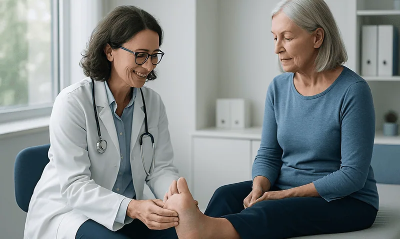 Doctor examining a patient's foot in a medical consultation room.