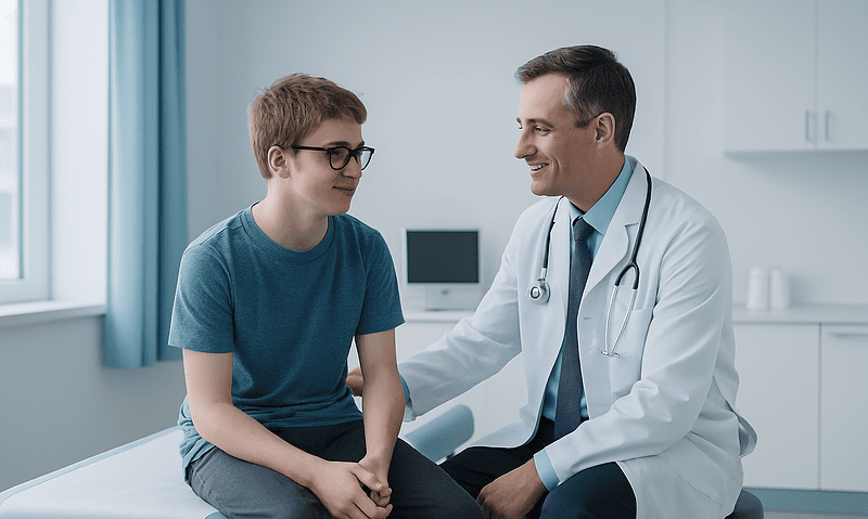Doctor consulting with a young patient in a medical office.