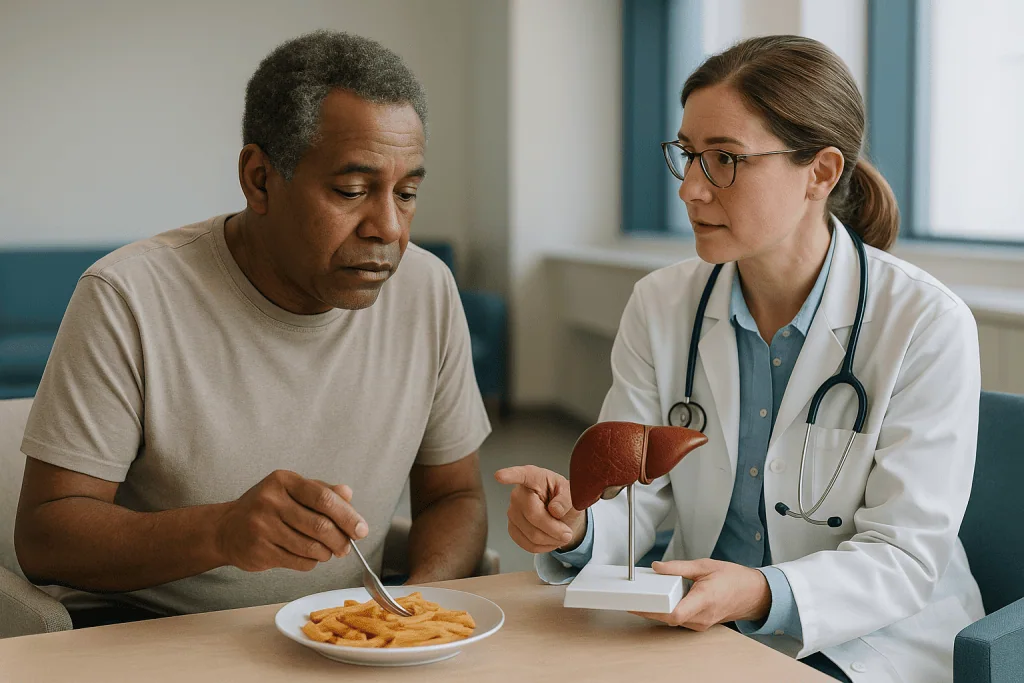 Doctor consulting patient about fried food diet: Can cirrhosis be reversed? What actually happens inside a scarred liver