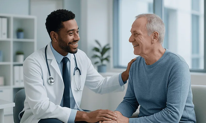 Doctor consulting with an elderly male patient in a modern clinic setting.
