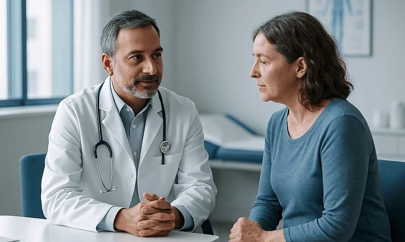 Doctor consulting with a female patient in a medical office.