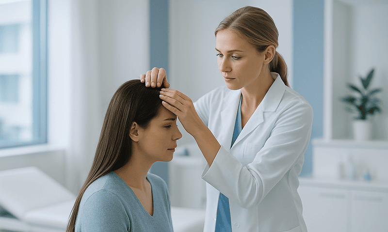 Doctor examining a woman's scalp in a clinical setting.