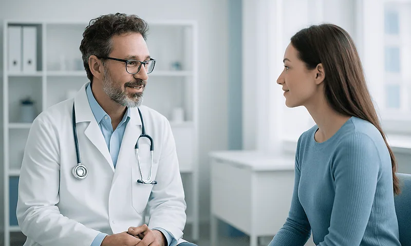 Dentist consulting with a young female patient in a modern clinic.
