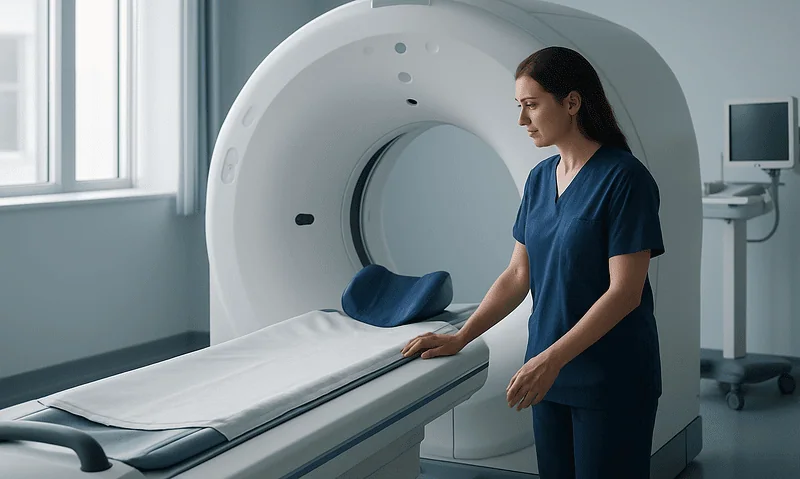 Medical professional preparing MRI scan in a modern hospital setting.