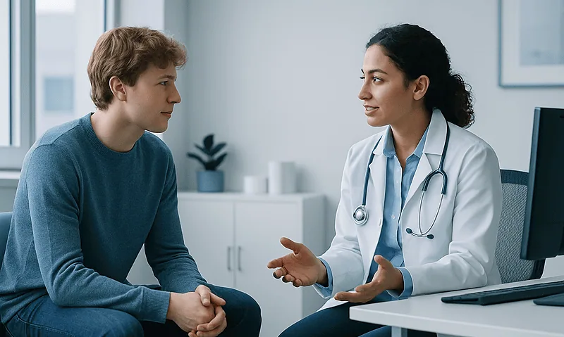 Doctor consulting with a young male patient in a medical office.