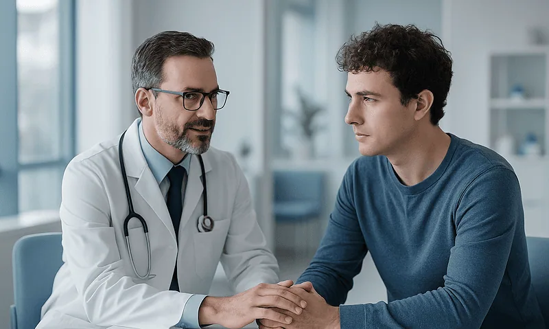 Doctor consulting with a young male patient in a medical office.