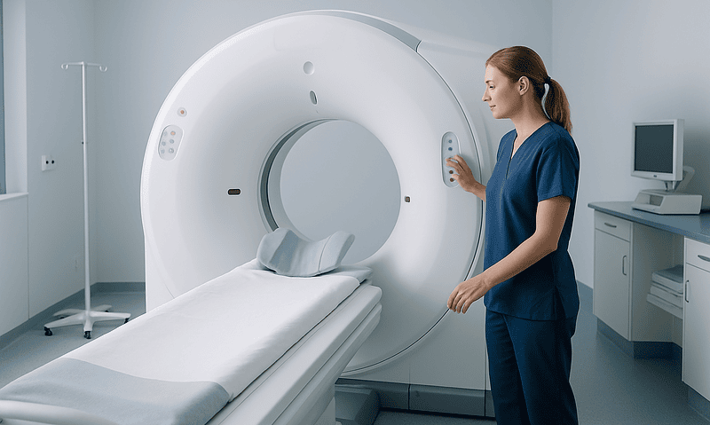 Medical professional operating MRI scanner in hospital room.