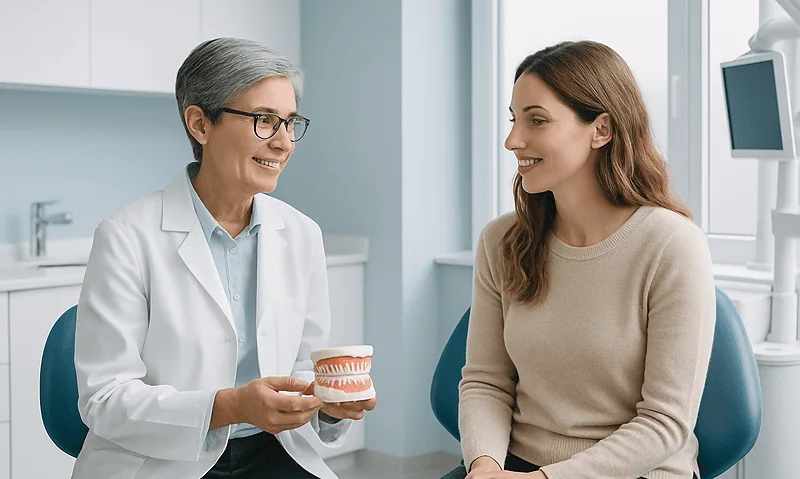 Dentist explaining porcelain veneers to a patient in a dental clinic.