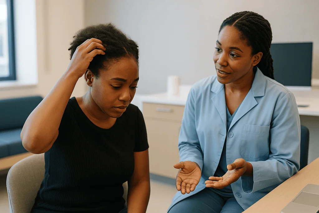 Two women in consultation, one appearing distressed about hair: Can hair grow back with traction alopecia?