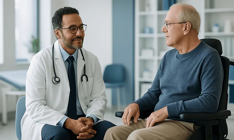Doctor consulting with elderly patient in a medical office.