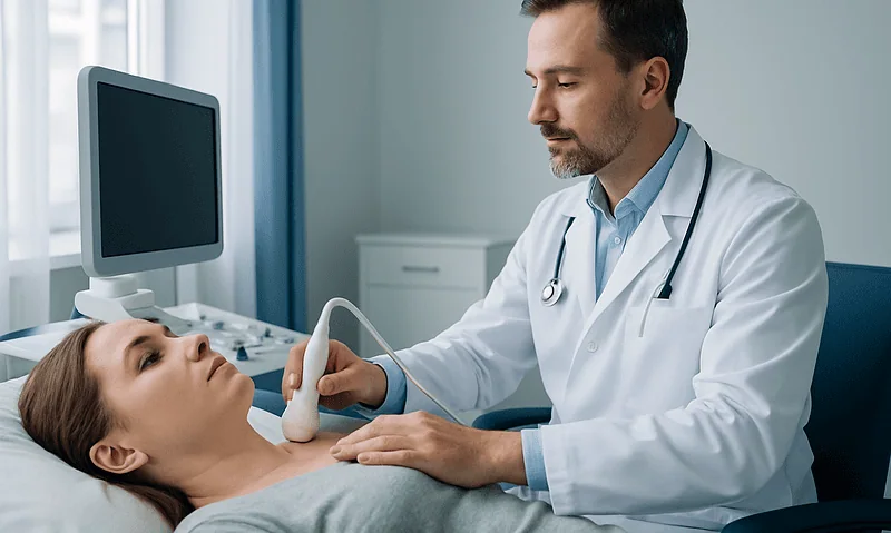 Endocrinologist performing thyroid ultrasound on patient in clinic.