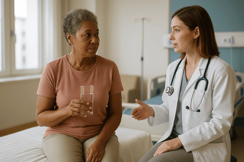 Doctor consulting with adult patient in clinical setting: Can I drink water before ERCP?