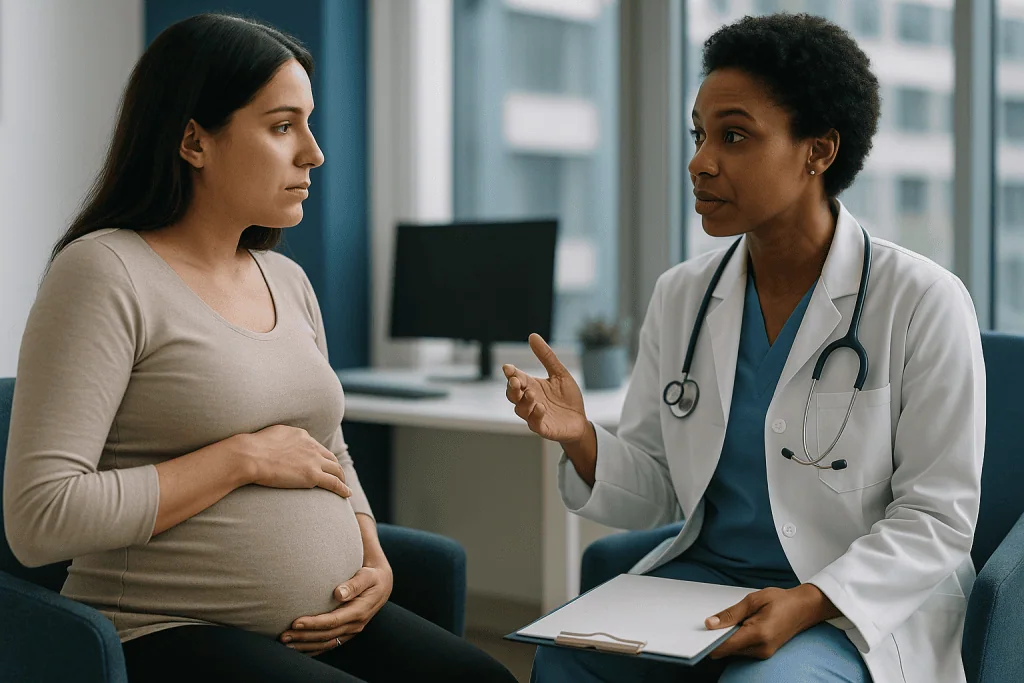 Pregnant woman consulting with female doctor in clinic: Can I get a yeast infection while pregnant, and does it harm the bab