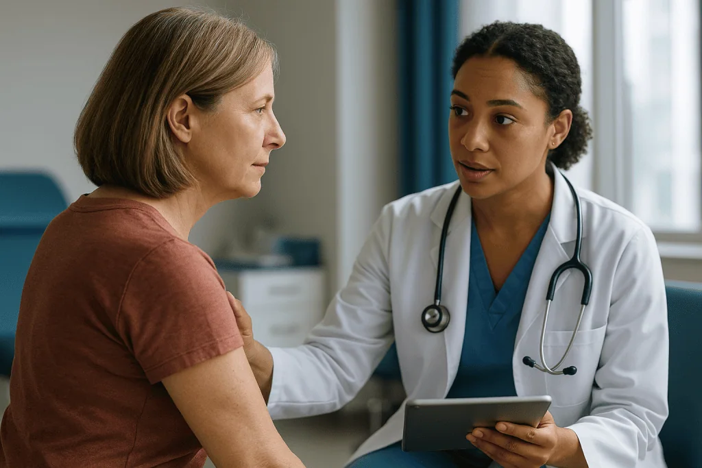 Doctor consulting patient with tablet in clinical setting: Can I get the shingles vaccine at 45? The shingles vaccine under