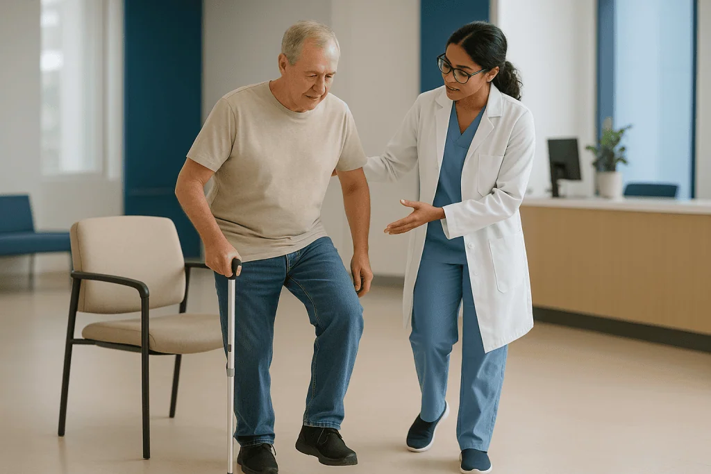 Doctor assisting senior patient with balance and walking: Can I live a normal life with peripheral neuropathy?
