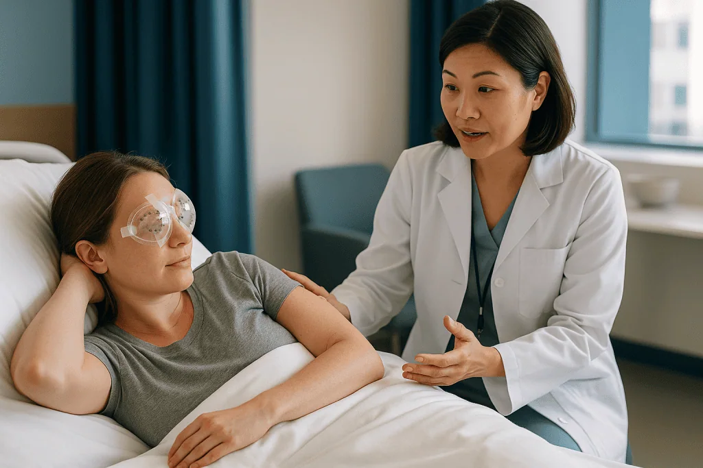 Doctor consulting patient in hospital room, patient wearing protective eyewear: Can I sleep on my side after SMILE?