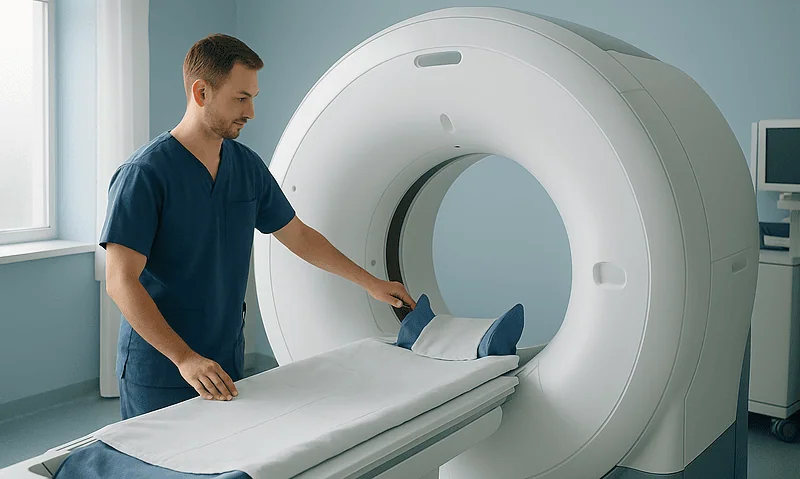 Medical technician prepares MRI scan bed in hospital imaging room.