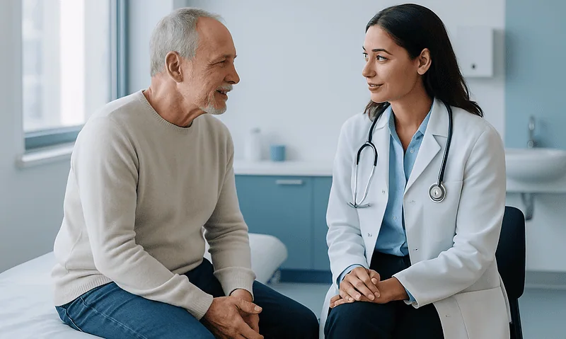 Doctor consulting with elderly male patient in hospital room.