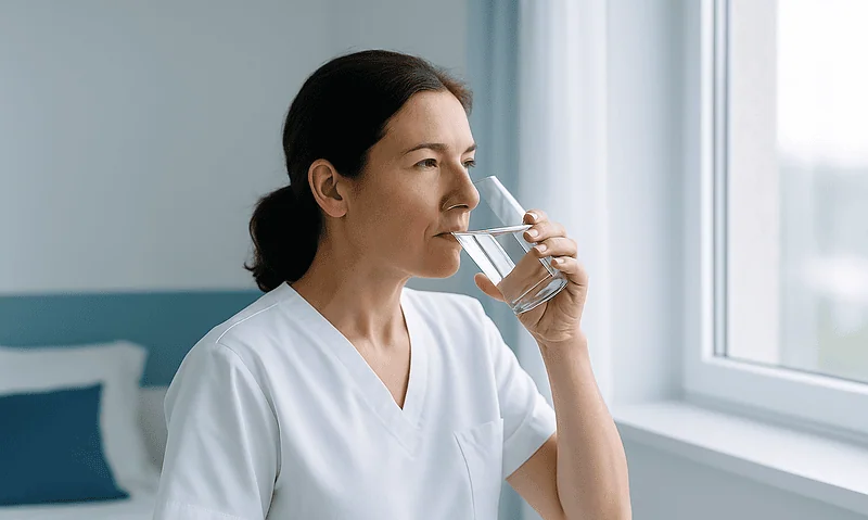 Female healthcare professional drinking water in a clinical setting.