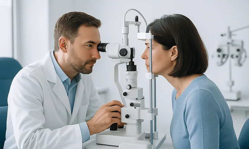 Ophthalmologist examines patient's eyes with slit lamp in clinic.