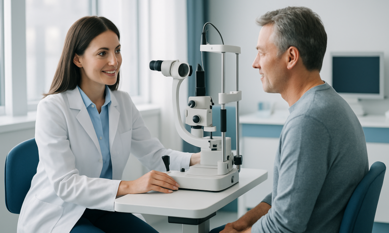 Ophthalmologist examining patient's eye with slit lamp in clinic.