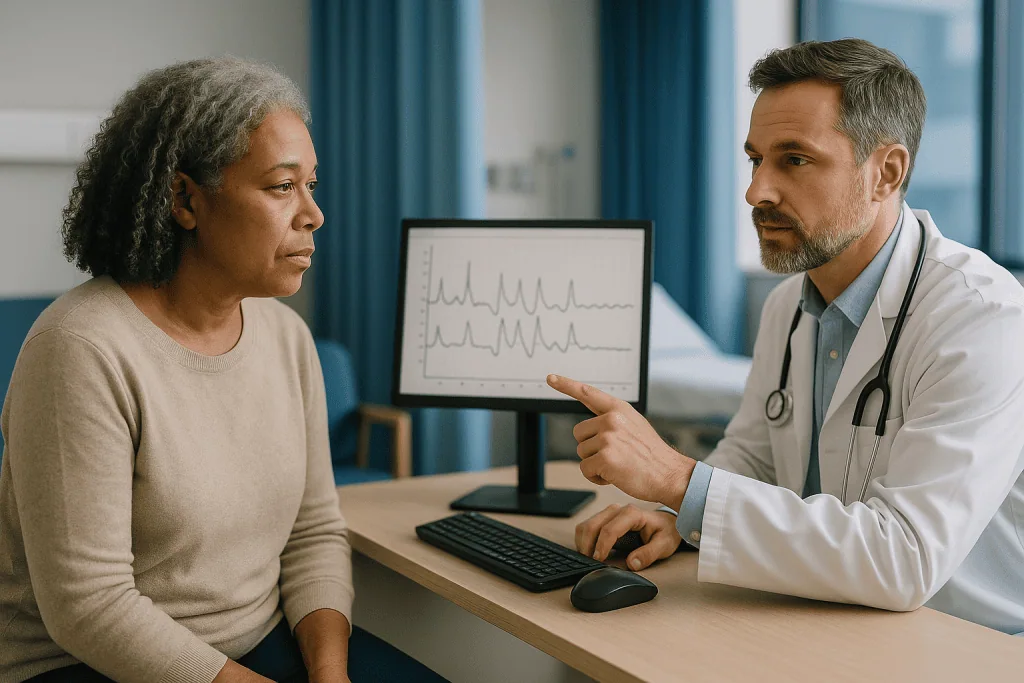 Doctor reviewing esophageal manometry results with patient: Can manometry detect achalasia? What the pressure tracing shows