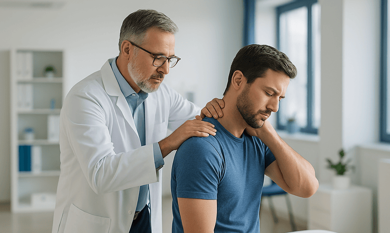 Chiropractor performing manual therapy on a patient's neck and shoulder.