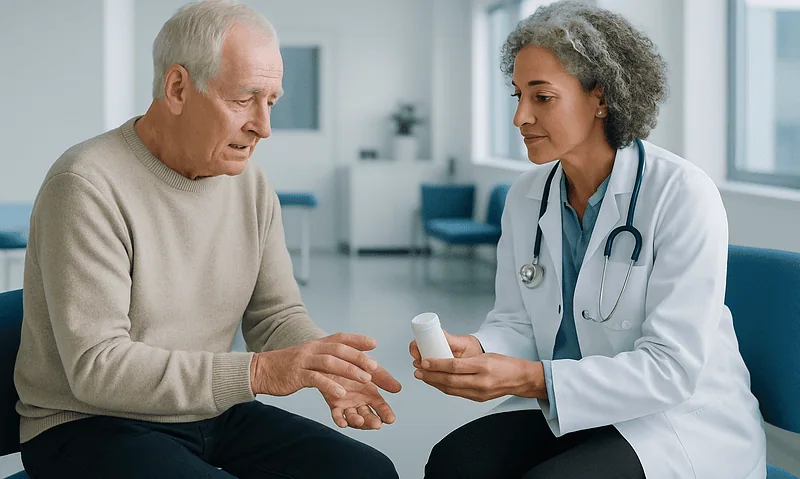 Doctor consulting with elderly patient about medication in a hospital setting.