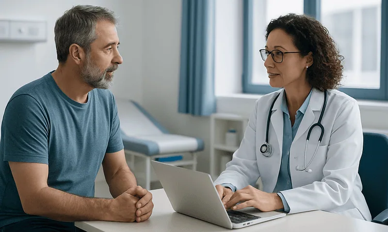 Doctor consulting with middle-aged male patient in a hospital room.