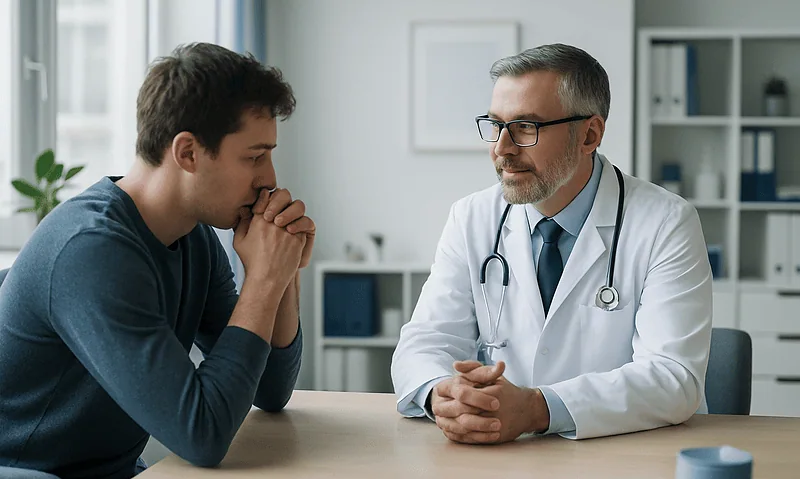Doctor consulting with a young patient in a modern medical office.