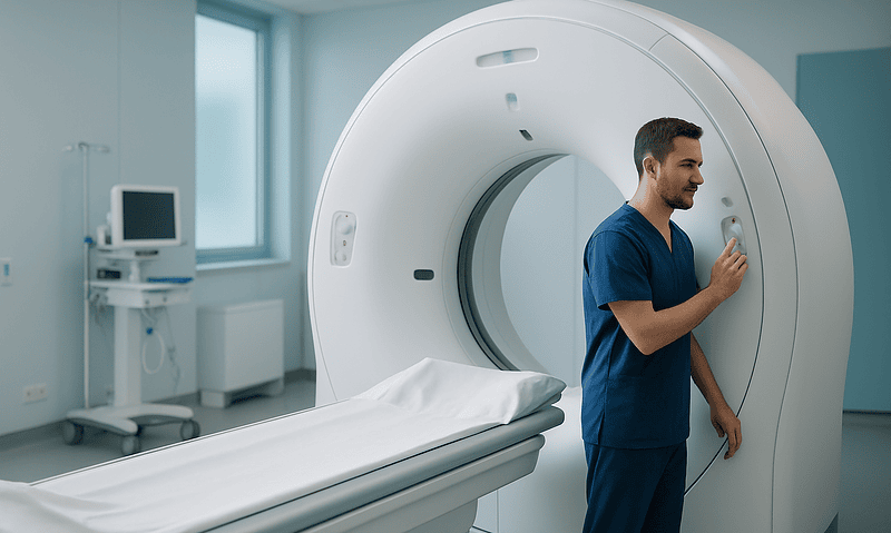 Medical technician preparing MRI scan in a modern hospital room.