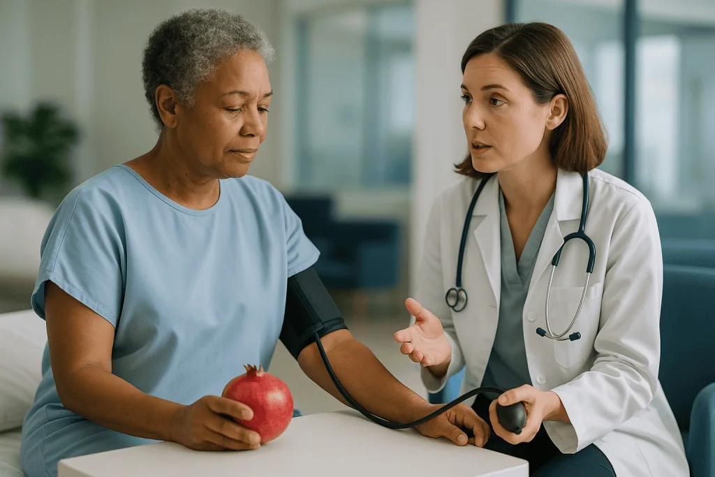 Doctor measuring patient blood pressure during consultation: Can Pomegranate Lower Blood Pressure?