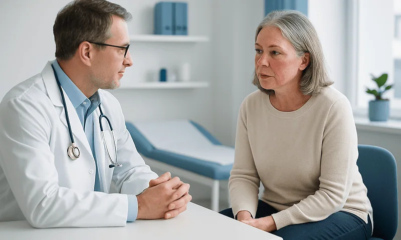 Doctor consulting with an older female patient in a medical office setting.