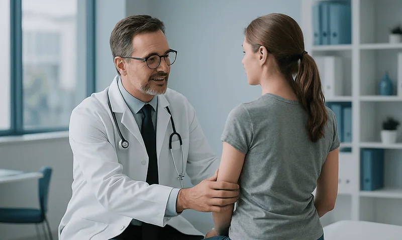 Doctor consulting with a young female patient in a medical office.