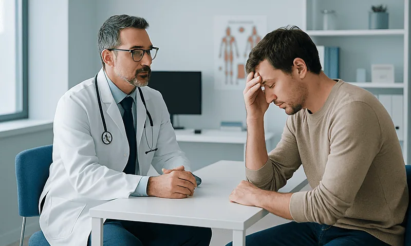 Doctor consulting with a patient about sinusitis and dizziness symptoms.