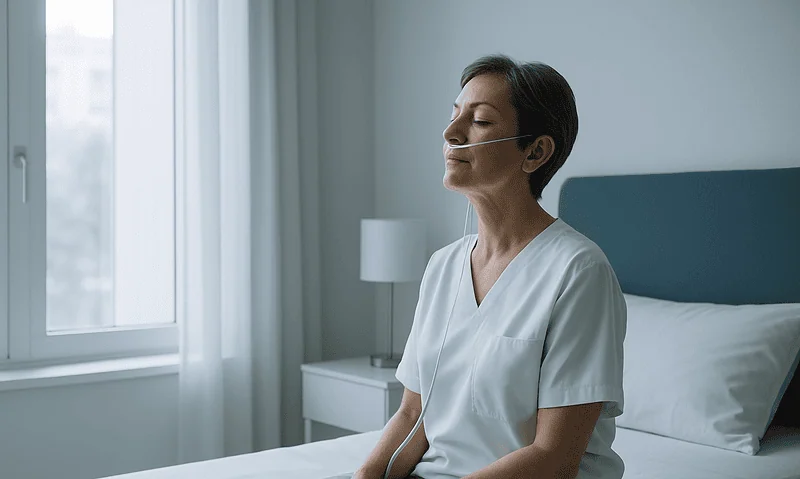 Female nurse meditating in hospital room with natural light.