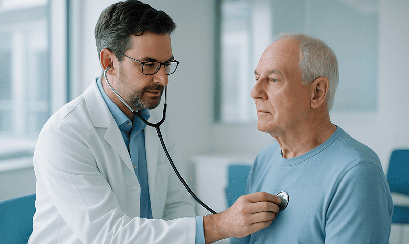Doctor examining an elderly male patient with a stethoscope in a clinic.