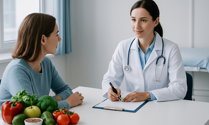 Dentist consulting with a patient about dental health and nutrition.