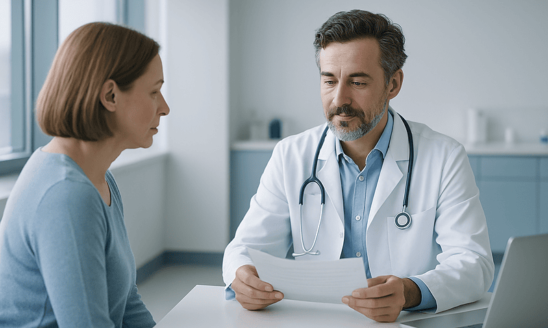 Doctor consulting with a patient in a modern medical office.