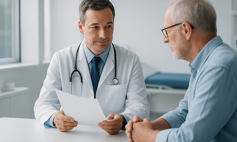 Doctor consulting with an elderly patient in a medical office.