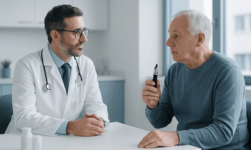 Doctor consulting with elderly patient about vaping and health risks.