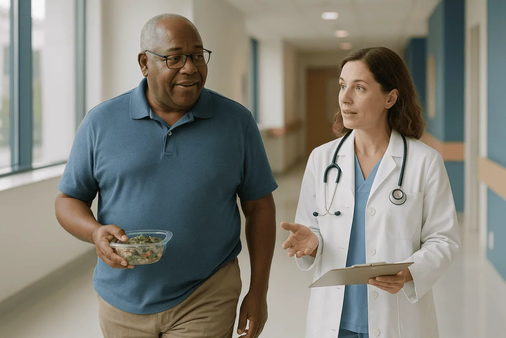 Doctor consulting patient holding healthy salad bowl — Can walking really lower blood sugar?