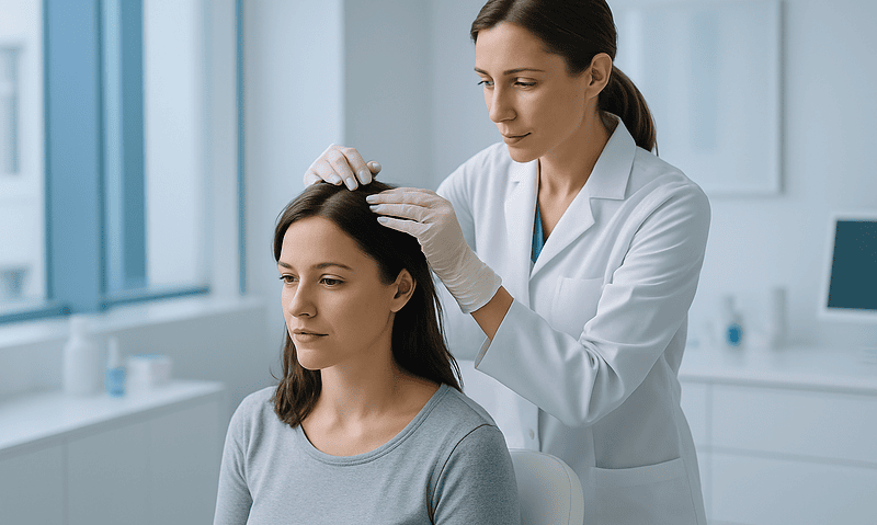 Doctor examining woman's scalp for hair transplant suitability at Acibadem Hospital.