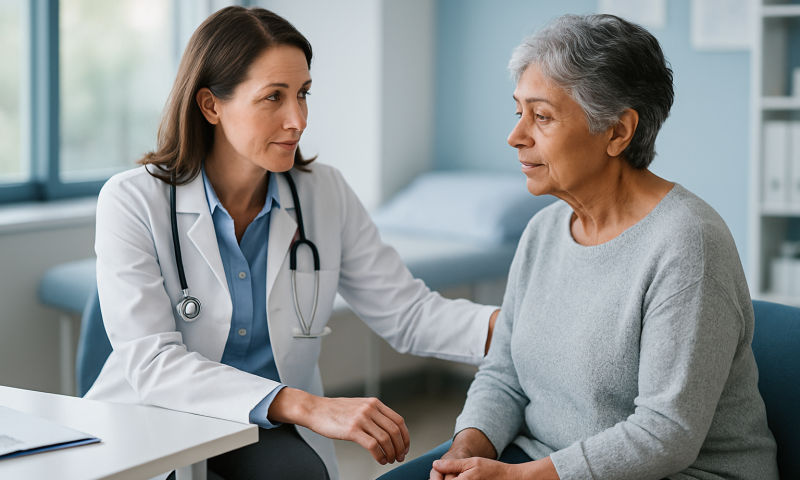 Doctor consulting with an elderly female patient in a medical office.