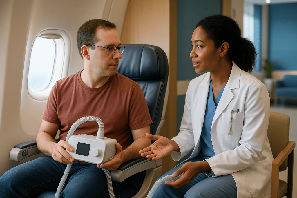 Doctor consulting patient holding CPAP device on airplane: Can you bring a CPAP on a plane? Yes, and it belongs in the cabin