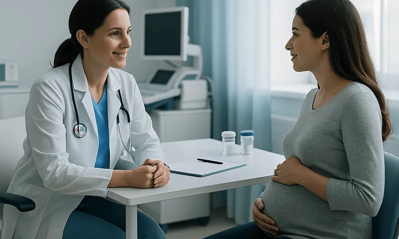 Doctor consulting pregnant woman in a medical office setting.