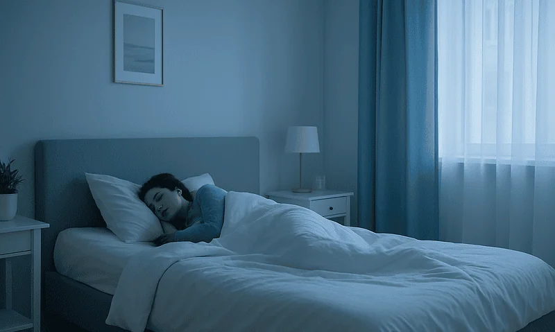 Young woman sleeping peacefully in a modern bedroom with blue tones.