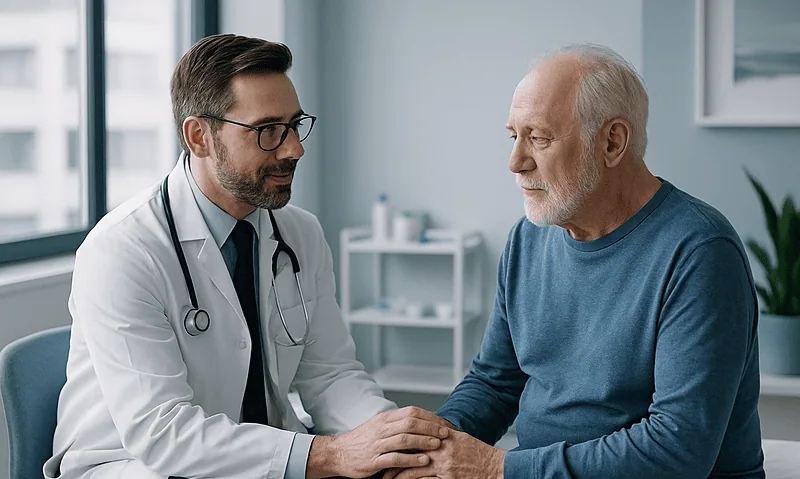 Doctor consulting with an elderly male patient in a hospital setting.